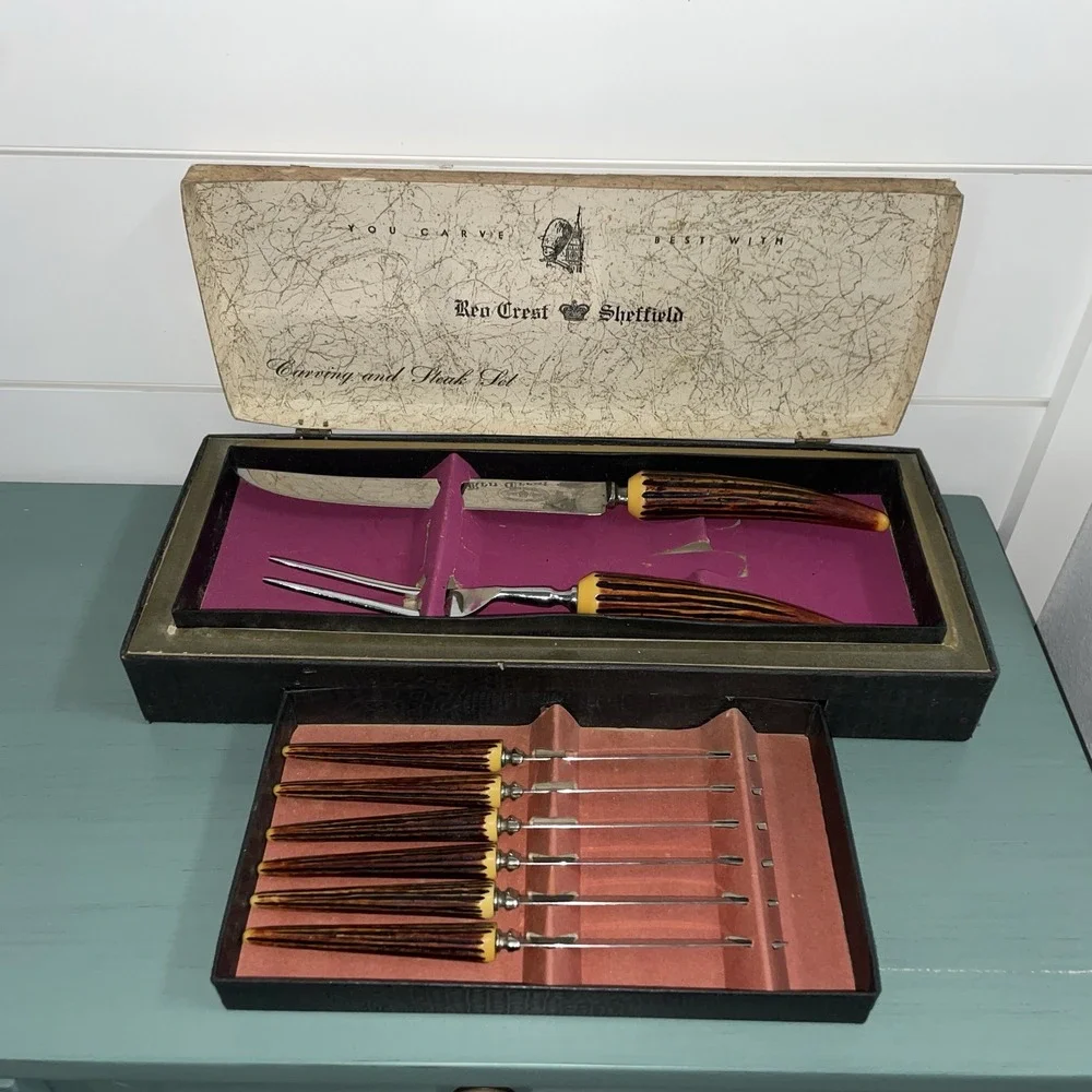 Sheffield Crown Crest Carving‎ Set & Steak Knives